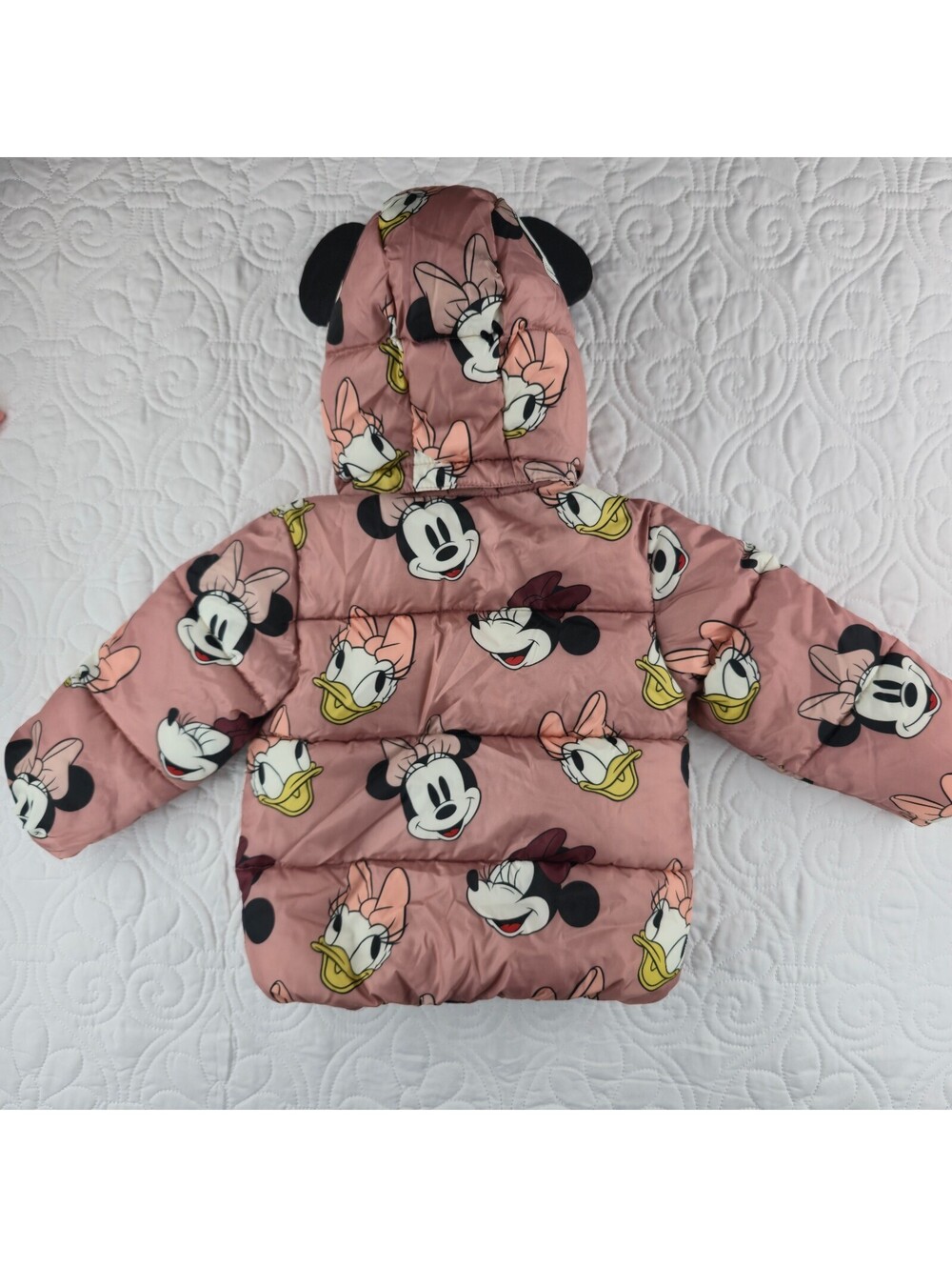 H&M Disney Minnie Mouse Daisy Duck Puffer Jacket dusty/Pink Hood Ears Size12-18M - Picture 6 of 7